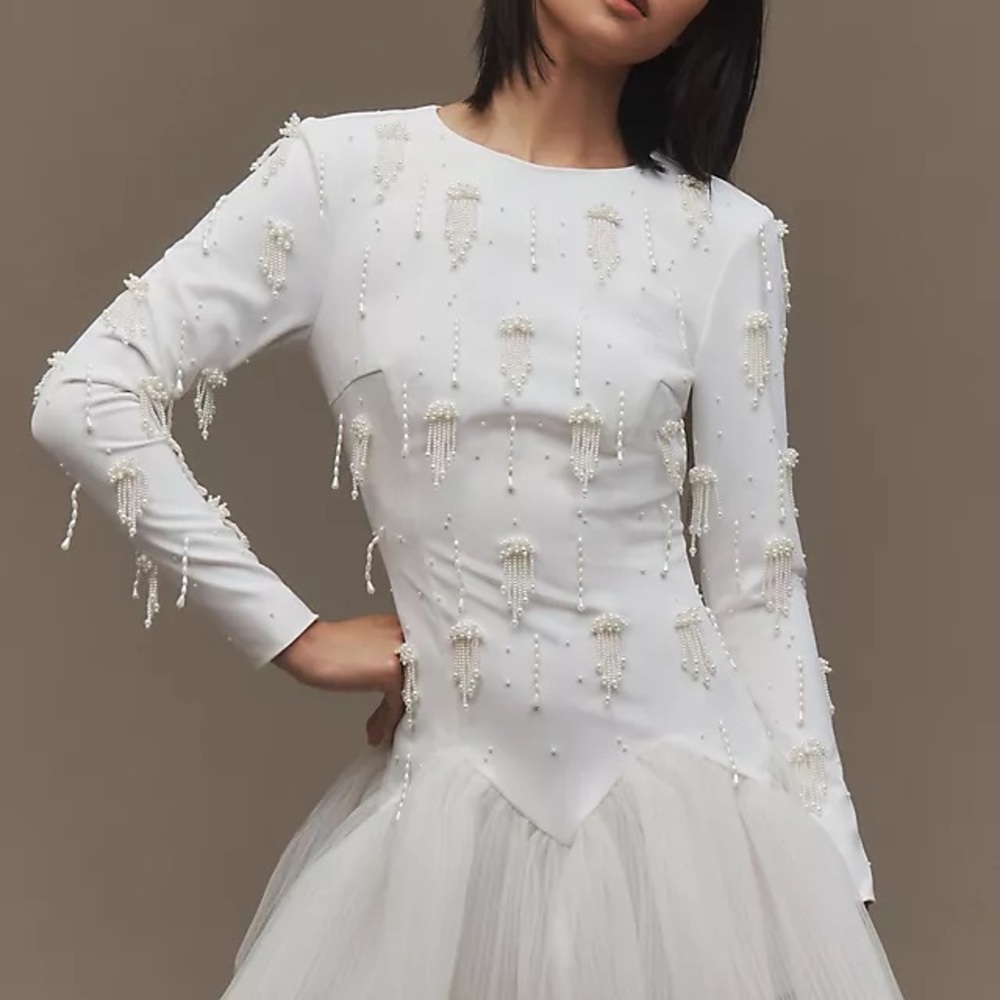 BHLDN White Long Sleeve Dress with Beaded Pearl Accents
